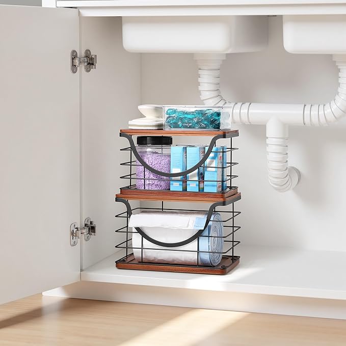 Extra Large Trash Bag Holder Stackable Kitchen Storage, 2 Pack Wall Mounted Pantry Organizers and Storage with Bamboo Top, Garbage Bag Dispenser Under Sink for Laundry Room and Kitchen