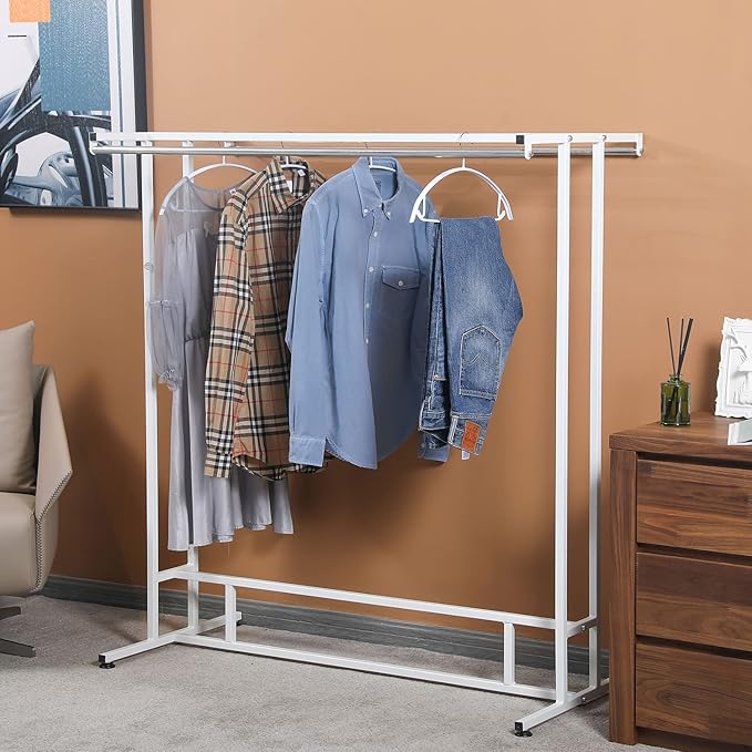 MyGift White Stainless Steel Freestanding Garment Rack, Heavy Duty Double Rod Clothes Rack Clothing Hanger Stand with Storage Display Shelf
