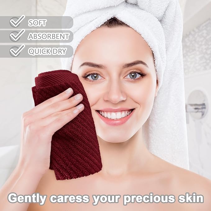 VOOVA & MOVAS Red Washcloths, 6PC 13"x13" - 100% Cotton | Quick Dry | Lightweight | Thick | Soft | Absorbent, Bath Hand Towels Set for Face & Body, Face Towels for Bathroom, Towel Gift Set, Burgundy