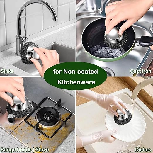 Steel Wool Scrubber with 2 Handles & 3 Replacement Wire Sponge(Scouring Pads) - Stainless Metal Cleaner Heavy Duty Brush for Pots, Pans, Cast Iron, Grill, Sink, Dishes, Stove, Kitchen Deep Clean