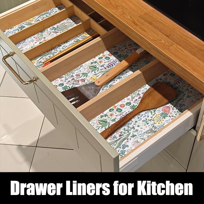 Floral Shelf Drawer Liners, 16IN x 10FT Non Adhesive and Strong Non-Slip Colorful Cabinet Drawer Shelf Liners for Kitchen Wire Fridge, Waterproof Cabinet Liner,Easy to Clean