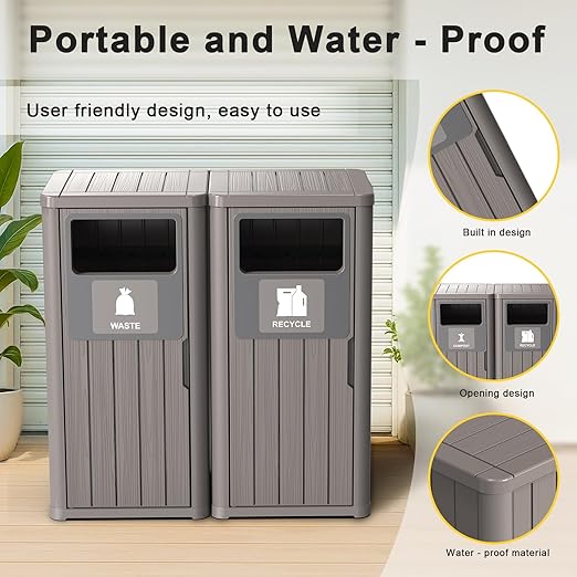Outdoor Double Barrel Trash Can,Waterproof Resin Garbage Can with Garbage Labels,Durable Waste Bin for Porch, Backyard,Kitchen,for 30 to 39 Gallon Trash Bags