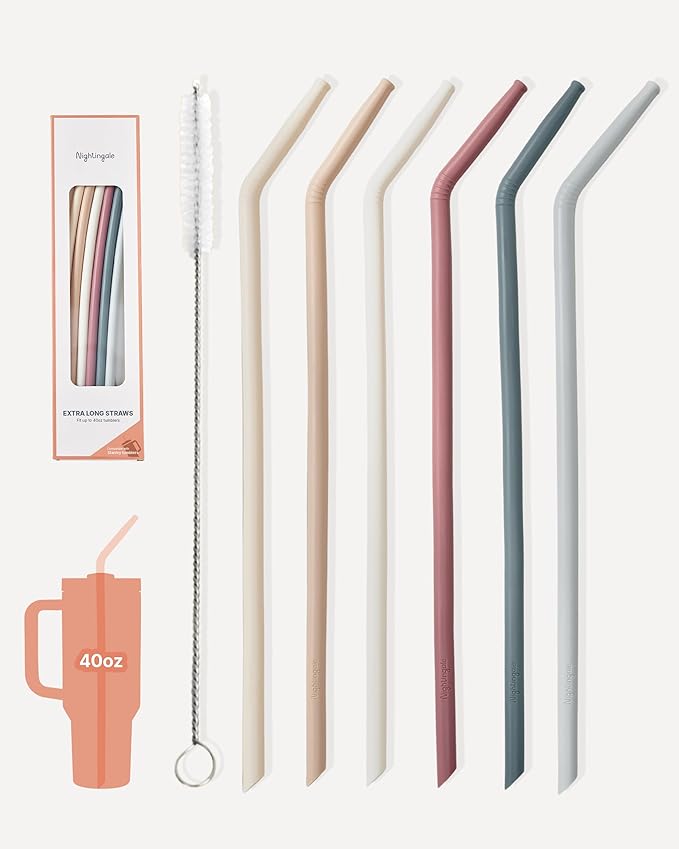 Nightingale 14” Silicone Tumbler Straws - Compatible with Stanley 40 oz cup - Reusable Flexible Long Bendy Drinking Straw with Cleaning Brush for Tall Tumblers - Food-Safe - Set of 6 Oak
