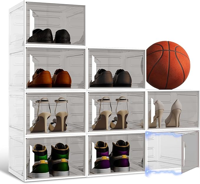 Shoe Storage Boxes Stackable, X-Large Plastic Clear Shoe Organizers with Magnetic Door, Thicken & Sturdy Sneaker Containers, Toy Storage Organizer Bins for Entryway, Closet, Under Bed