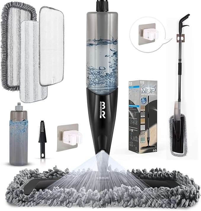 Microfiber Spray Mop for Floors Dry and Wet Mop with Dusting 360 Rotation for Kitchen, Hardwood, Laminate, Tile Floors Includes 3 Refill Heads, Scraper, Holder & Spray Bottle