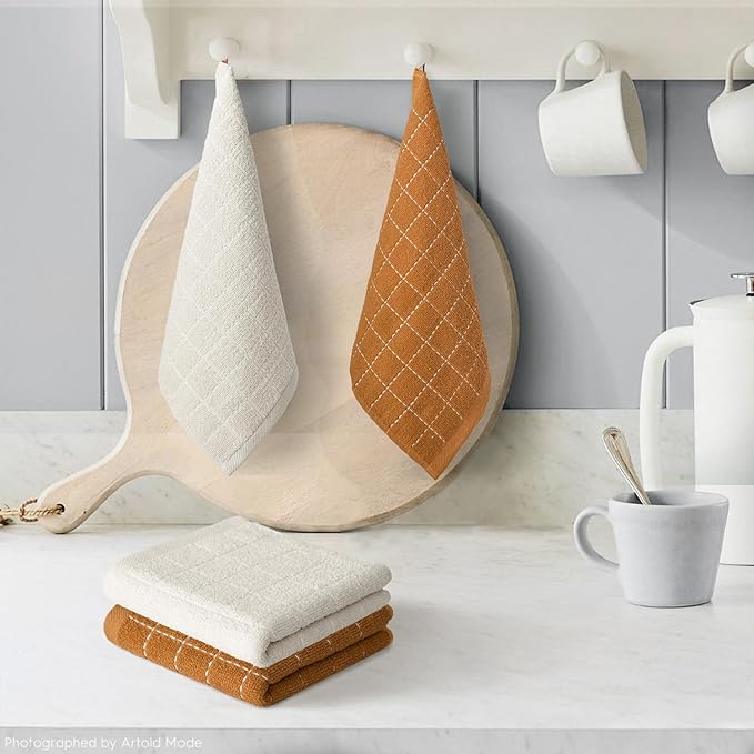 Artoid Mode Checkered Designed Cotton Beige Caramel Terry Kitchen Dish Cloths, 12x12 Inch Soft Absorbent Quick Drying Cleaning Kitchen Rags Set of 6