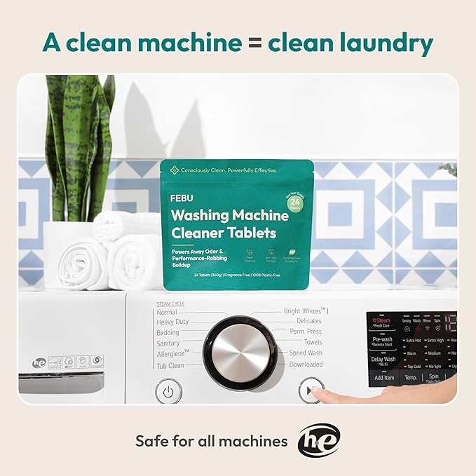 FEBU Washing Machine Cleaner Tablets Made in USA | Washer Machine Cleaner Tablets & Deodorizer | Removes Gunk & Grime | 7 Natural, Biodegradable, Plant-Based Ingredients | 24 Tablets - 12 Month Supply