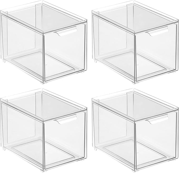 mDesign Plastic Pantry Organization and Storage Bin w/Pull Out Drawer - Slim Stackable Kitchen Supplies Storage Container for Organizing Cabinet, Fridge, Freezer - Lumiere Collection - 4 Pack - Clear