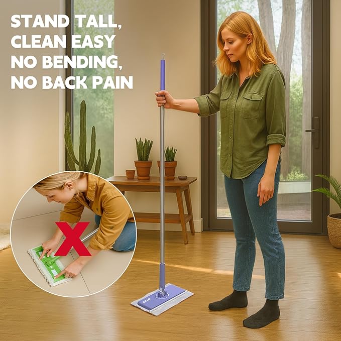 Sweeper Mop, Touch-Free Attach & Remove Cloth Instantly, Compatible with Swiffer Pads, Clamp Clip Dust Mop for Kitchen House | Dorm | Classroom Wood Hardwood Floor Wall Cleaning, Rugular Size 50 inch