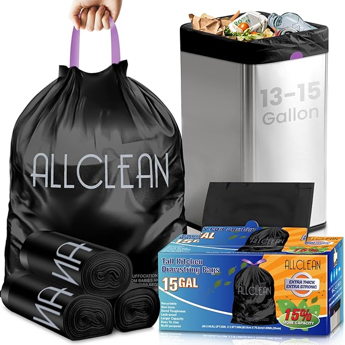 Trash Bags 15 Gallon Tall Kitchen Drawstring Garbage Bags,Fit 13-15 Gal Bins,Extra Strong&Leak-Proof,Unscented&Recyclable Trash Can Liners for Home Office Industrial Bathroom Garden Lawn(Black)