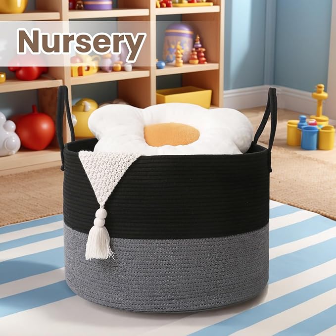 Woven Blanket Basket,115L Large Rope Storage Bin with Handles, Organizer for Blankets Toys Book and Clothes, Laundry Basket for Living Room Bedroom Nursery,Black&Grey