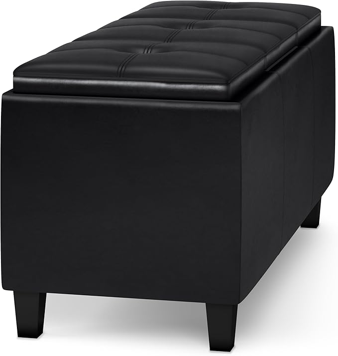 SIMPLIHOME Avalon 42 inch Wide Contemporary Rectangle Tray Storage Ottoman with Lift Up Lids in Midnight Black Vegan Faux Leather, Assembled, for the Living Room, Entryway and Family Room