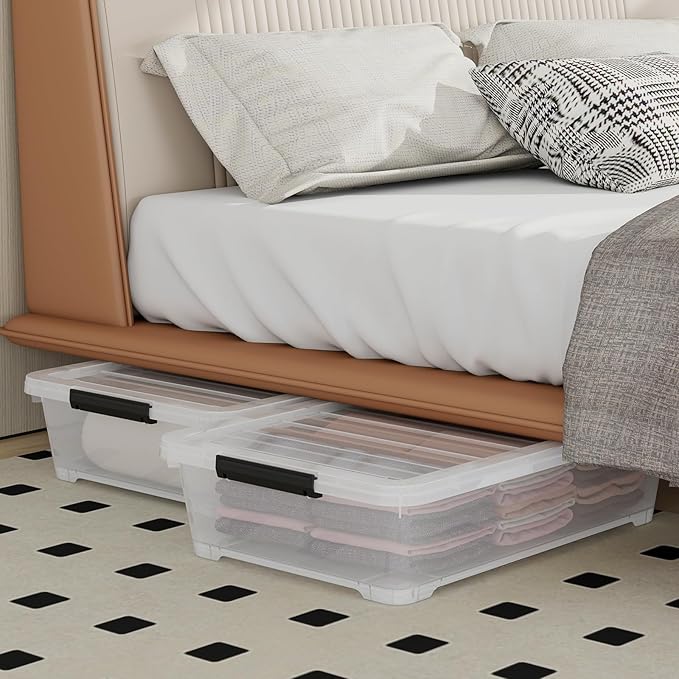 4Pack 40 Qt Plastic Under Bed Storage Organizer Bin Container with Secure Lids and Durable Wheels, Clear