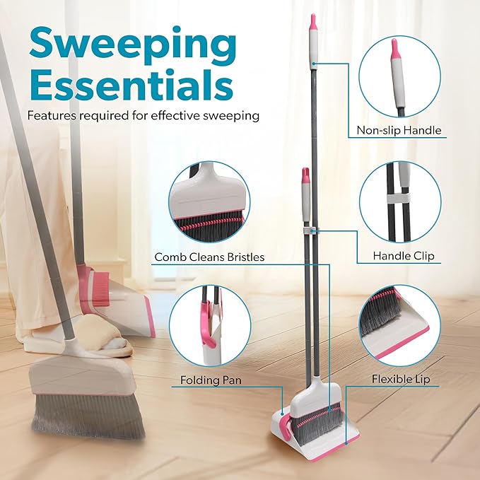 BLACK+DECKER Butler Broom & Dustpan Set - Stand-Up Design - Lightweight, Space-Saving Combo for Kitchen, Living Room, Bathroom, Lobby Floors - Home Cleaning Essential, White/Pink