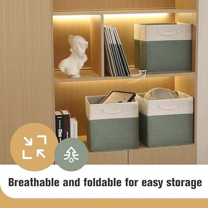 13 x 13 Inch Fine Linen Storage Bins with Handles，Fabric Cube Boxs，Collapsible Basket Organizers for Shelves for Home, Closet Drawers (White/Green-6 Pack)