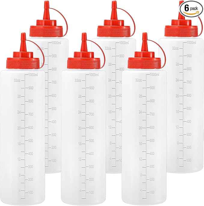 Condiment Squeeze Bottles Ketchup Dispenser, 6 Pack 32oz Squeeze Bottles for Liquids, Plastic Sauce Bottle with Cap Lid, Squirt Bottles for Sauces Liquids BBQ Dressing Pancake Art