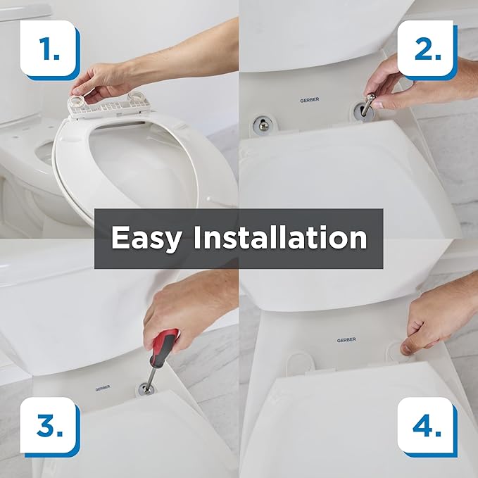 Gerber Universal Elongated Toilet Seat with Cover, Soft Close, Top Mount, Easy Install, Heavy-Duty Plastic, Adjustable Fit for Standard Elongated Toilets, Fade-Resistant, White G0099849