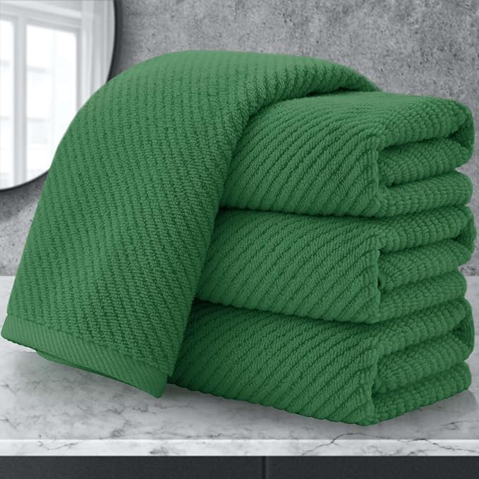 Green Hand Towels for Bathroom (4PC, Large 18"x28") - 100% Cotton | Quick Dry | Light Weight | Thick | Soft | Absorbency, Hand Towels for Showering, Bathroom Essentials Set, Hunter Green