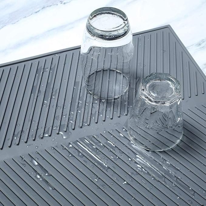 Silicone Dish Draining Mat, Eco Friendly Dish Drying Mat Kitchen Counter Anti-Skid and Heat Insulation Pad, Sink Drainer Mat with Dense Drainage Grooves (L (20"×16"))