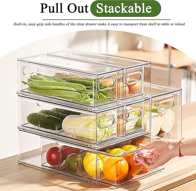 bealy Stackable Clear Storage Drawer with 3 Dividers for Pantry Shelf, Fridge Organizer for Fruit, Food,Vegetable, Pantry Containers Organization,BPA Free,6.34QT