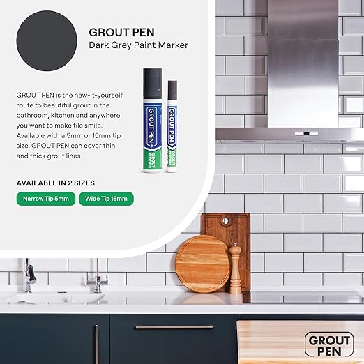 Grout Pen Dark Grey Tile Paint Marker: Waterproof Grout Paint, Tile Grout Colorant and Sealer Pen - Narrow 5mm, 2 Pack with Extra Tips (7mL) - Dark Grey