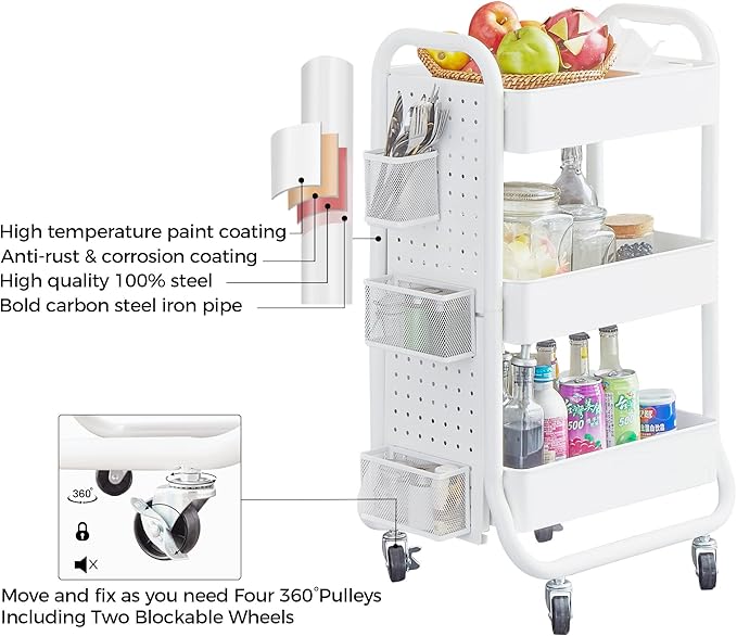DESIGNA 3-Tier Rolling Cart, Utility Cart with Handle, Extra 3 Storage Accessories, Removable Pegboard, Easy Assembly Craft Carts for Kitchen, Bathroom, Office, Metal, White