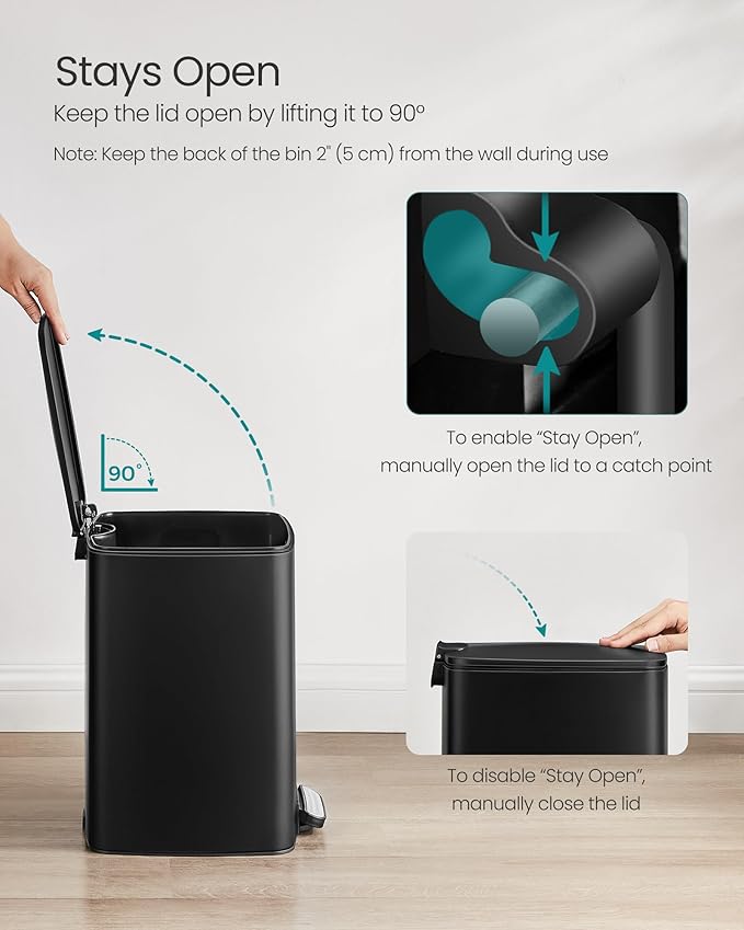 SONGMICS Kitchen Trash Can, 5.2-Gallon (20 L) Trash Bin, Stainless Steel Garbage Can, with Inner Bucket, Soft Close and Stays Open, Ink Black ULTB592B01
