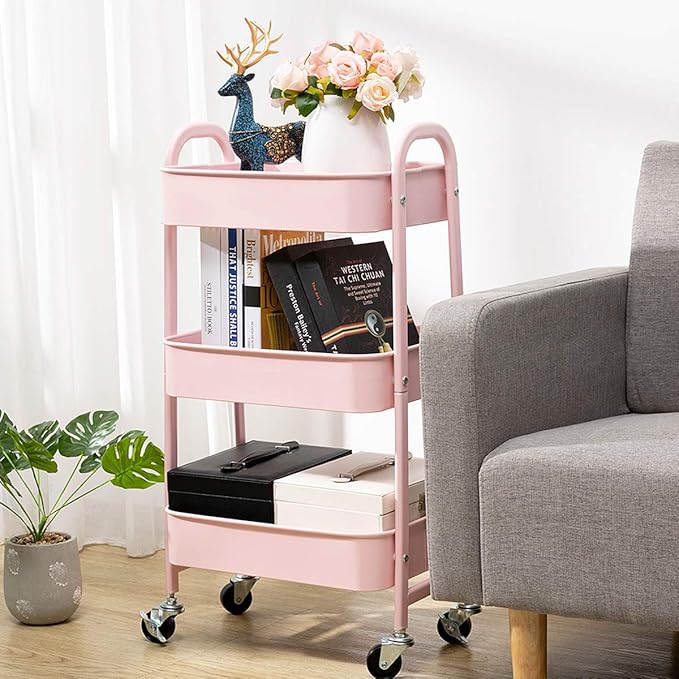 AGTEK Makeup Cart, Movable Rolling Organizer Cart, 3 Tier Metal Utility Cart Pink