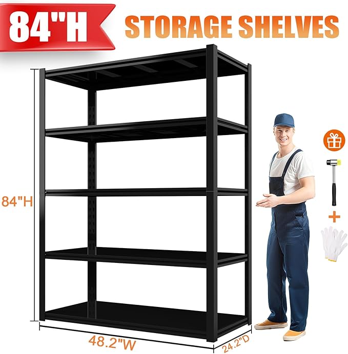 84“H Garage Shelving Heavy Duty Storage Shelves 3000 LBS Adjustable 5 Tier Metal Shelving Uints and Storage for Garage, Warehouse, Commercial, 48" W x 24" D x 84" H