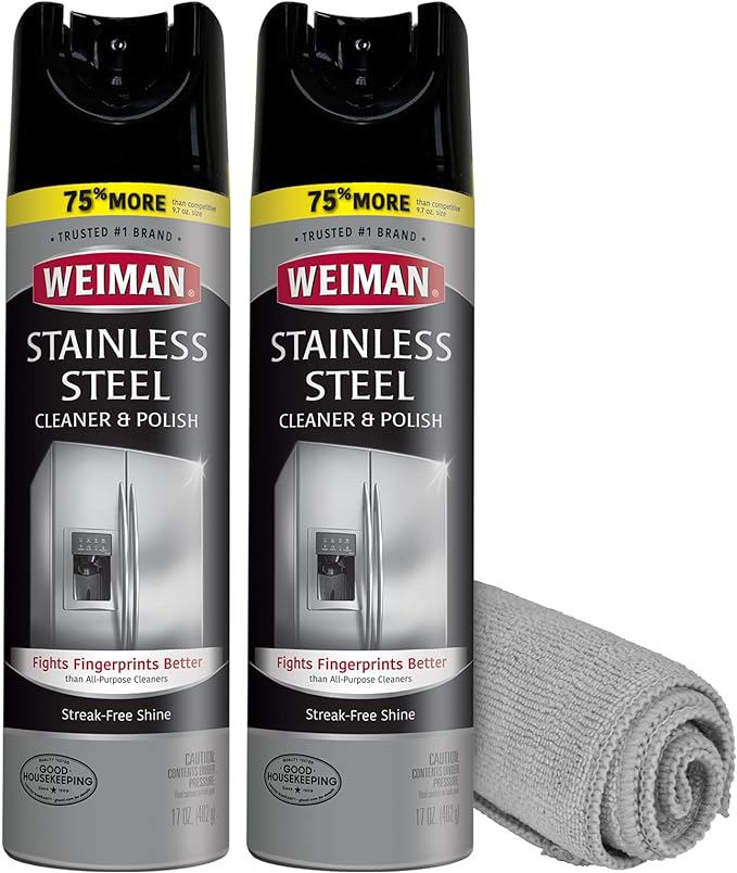 Weiman Stainless Steel Cleaner & Polish Streak-Free Shine - For Refrigerators, Oven, Dishwasher, Stove - 2 Pack Aerosol Spray with Microfiber Cloth Included