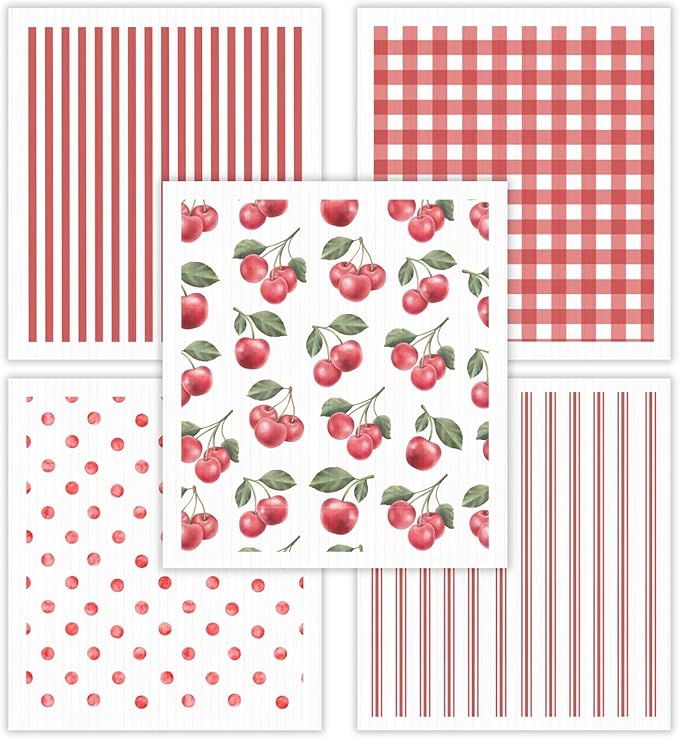 HALL & PERRY Swedish Dishcloths for Kitchen, 5-Pack, Reusable Cellulose Sponge Cloths for Kitchen & Cleaning – Eco-Friendly, Ultra-Absorbent, Quick-Drying (Cherry Red)