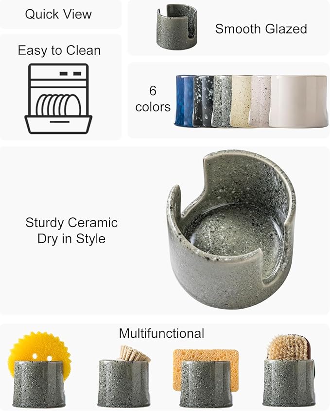 Kitchen Sponge Holder, Ceramic Dish Sponge Holder Scrubby Daddy Farmhouse Dish Rack Brush Holder for Bathroom, Kitchen, Sink, Special Gray