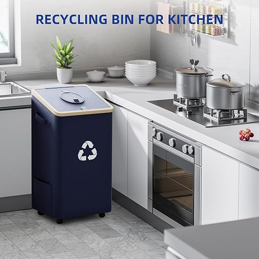 26 Gallon Recycling Bin for Kitchen, 100L Recycle Bin with Lid, Recycle Bins for Kitchen with 4 Wheels(Lockable),2 Reusable Inner Bags, for Bottle Can Glass Plastic Stickers, Dark Blue