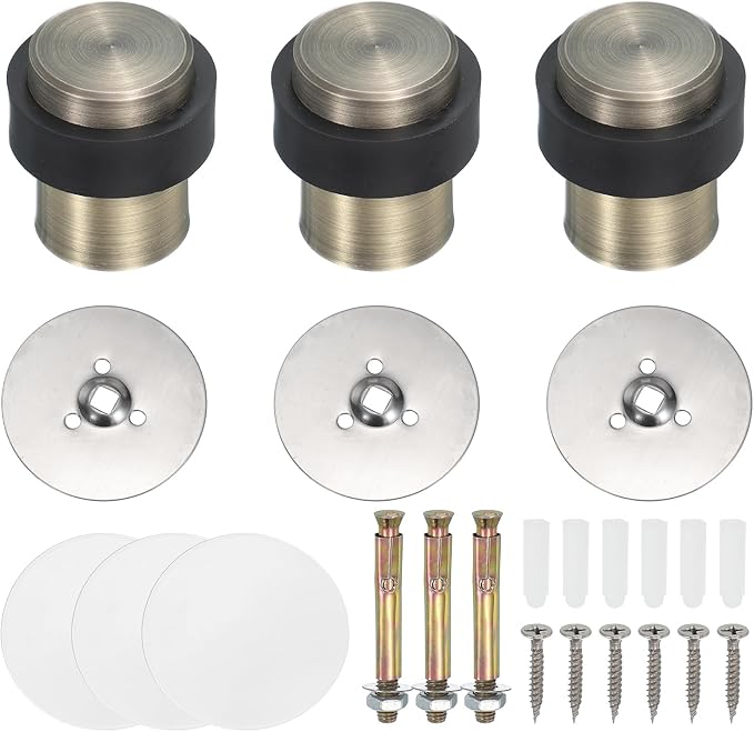 PATIKIL 3Set Round Door Stoppers, 46mm Stainless Steel Door Stop Doorstop Wedge Metal Cylinder Self Adhesive with Screw for Bottom of Door Floor Inside, Bronze