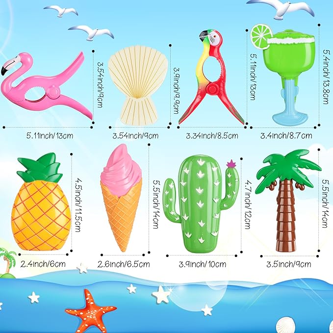 Rtteri 16 Pcs Beach Towel Clips for Beach Chairs Cute Towel Holder Cruise Clothes Pins for Lounge Chair Patio Pool, Assorted Style(Vivid)