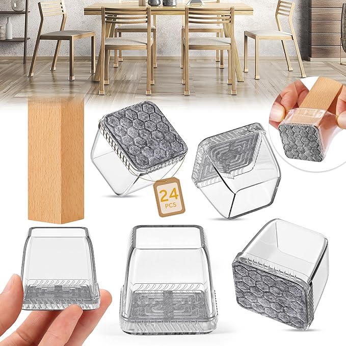 24PCS Square Chair Leg Floor Protectors, Furniture Sliders, Chair Leg Protectors for Hardwood Floors, Non-Slip Felt Furniture Pads, Silicone Cap Covers to Protect Floors, (Fit 1.1" - 1.5")