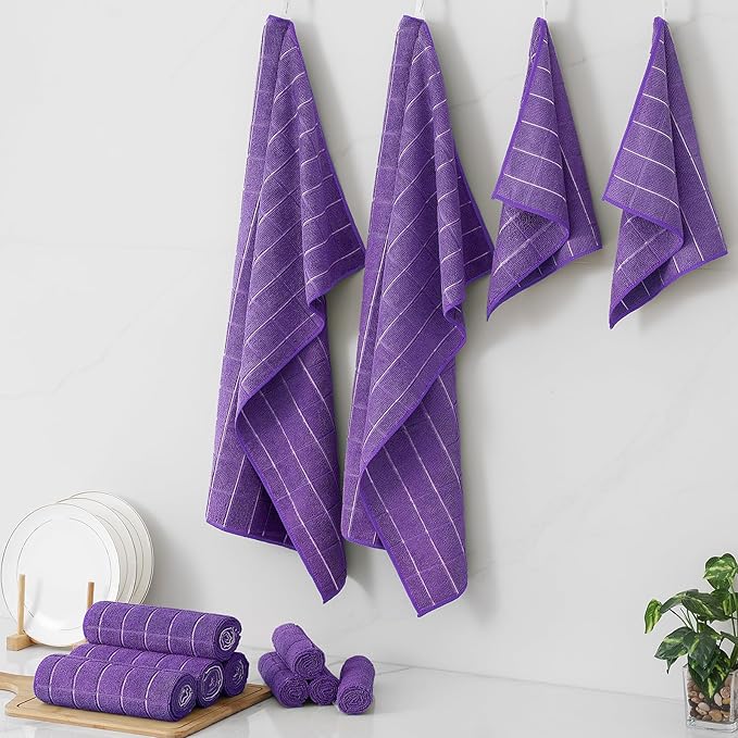 Homaxy Microfiber Kitchen Towels and Dishcloths Set, 12 Pack Soft and Absorbent Dish Hand Towels Bulk, 28 x 16 Inch & 12 x 12 Inch Quick Drying Rags for Washing Dishes, Purple