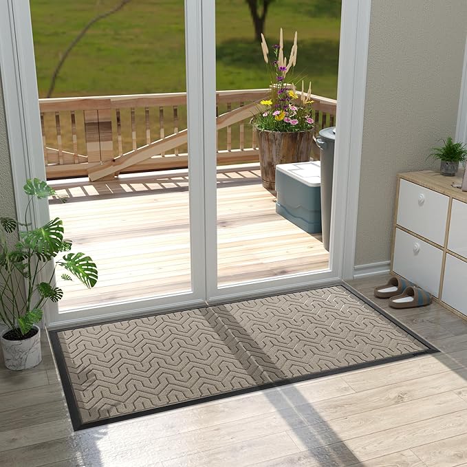 Yimobra Large Door Mat Outside Entrance 47x24, Waterproof Heavy Duty Outdoor Mats for Front Door, Non Slip Rubber Entry Mat for Garage Patio, Easy Clean, Beige