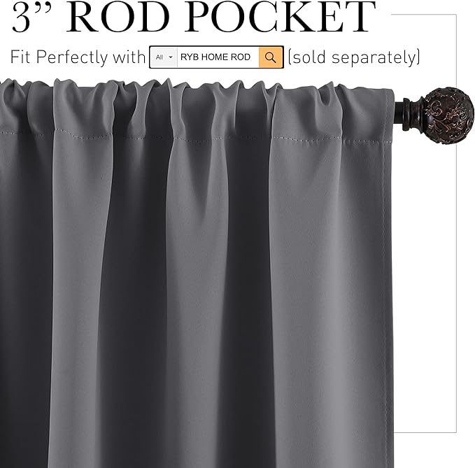 RYB HOME Short Curtains Half Window Curtains for Bedroom, Privacy Blackout Energy Saving Drapes for Living Room Bathroom Shades, Wide 29 x Long 24 inches per Panel, Grey, 2 Pcs