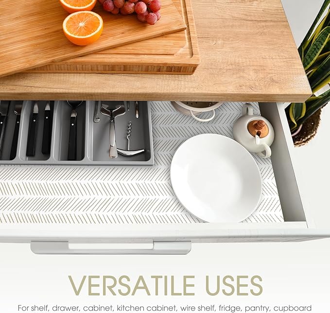 Glotoch Shelf Liners for Kitchen Cabinets, 12in x 20FT Non-Adhesive Liners for Shelves,Non Slip Waterproof Contact Paper for Drawers Pantry EVA Wire Shelf, White and Beige Herringbone