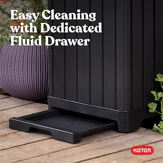 Keter Baltimore Resin 38 Gallon Outdoor Kitchen Trash Can with Lid and Drip Tray for Easy Cleaning-Perfect for Patio Dining, Black