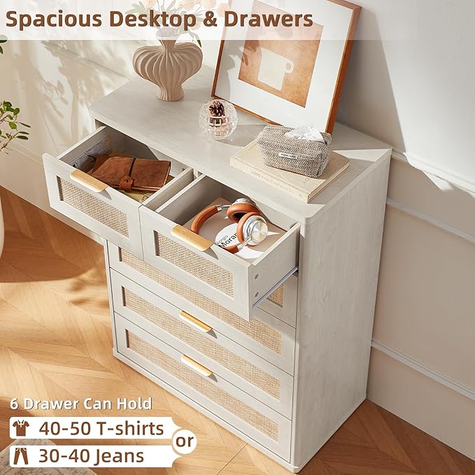 LEYAOYAO White Dresser for Bedroom, 42" Tall Chest of Drawers, Modern 6 Drawers Boho Rattan Dressers with Storage, Dresser Wooden Closet Organizer for Living Room, Hallway