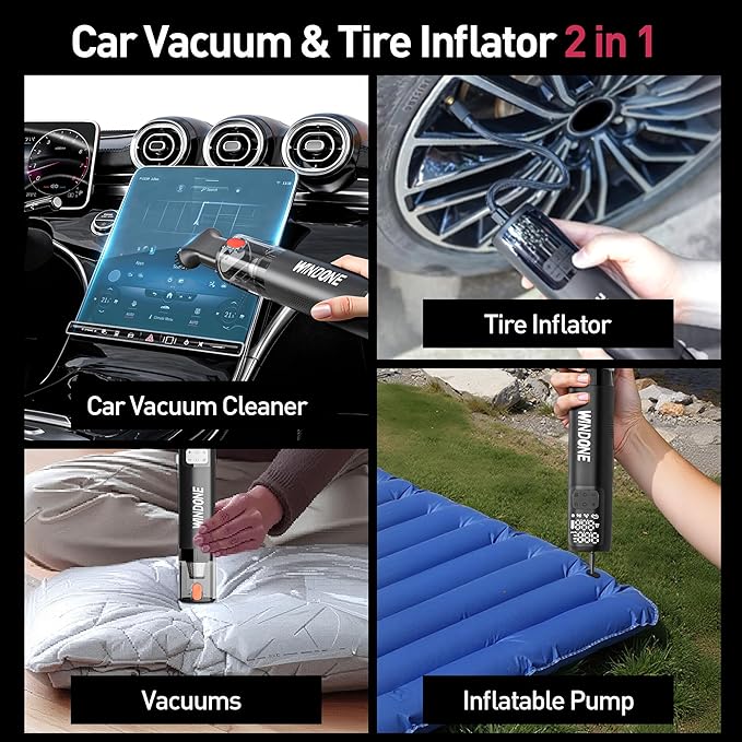 Windone Car Vacuum, 12000Pa 2-in-1 Cleaner & Tire Inflator 150PSI, 60W Brushless Motor, Cordless Handheld Vacuum & Air Pump with Pressure Gauge, LED Light, Multi-Nozzles for Car, Home, Office