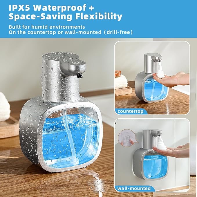 Automatic Foaming Soap Dispenser, 17oz/500ml Touchless Rechargeable with 4-Level Adjustable & IPX5 Waterproof - Level Display for Wall/Tabletop Use in Bathroom, Kitchen, Silver