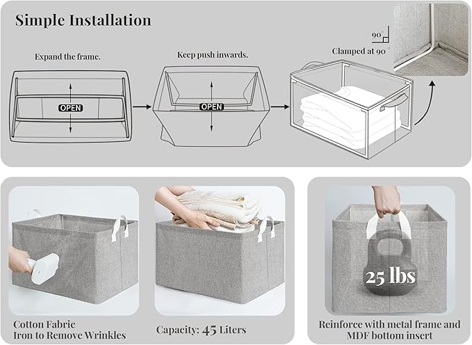 StorageWorks 45L Large Storage Bins for Closet and Shelves, Fabric Organizer Baskets with Handles for Clothes, Towels, Collapsible Storage Basket, Gray, 2-Pack