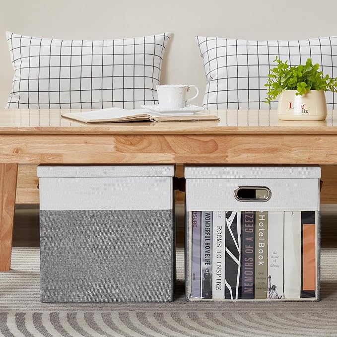 Fabric Storage Cubes with Clear Windows and Lids, 13'' Foldable Storage Bins with 3 Handles, Decorative Storage Boxes for Home, Bedroom, Closet, Office (Gray & White)