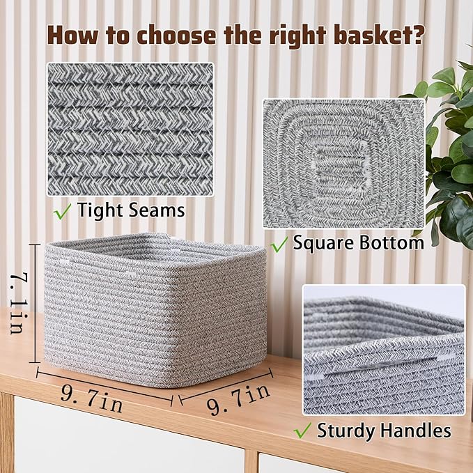 Small Organizing Baskets for Cubes Shelf, 9.7x9.7x7.1 Inch Rope Woven Storage Bins for Nursery Shelves Storage, Cute Toy Basket, Square 3 Packs Mixed Grey