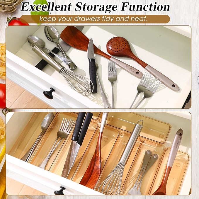 Maitys 12 Pcs Vanity Drawer Organizer 9 x 3 x 2 Inches Clear Plastic Utensil Organizers Kitchen Drawers Dividers for Office Desk Silverware Kitchen Utensils Cosmetics and Bathrooms(Champagne)
