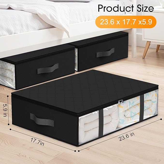 StorageRight Under Bed Storage Bins, 10-Pack 40L Foldable Fabric Storage Bags with Transparent Window, Breathable Organizer for Clothes/Blanket/Comforter/Quiltr, Black