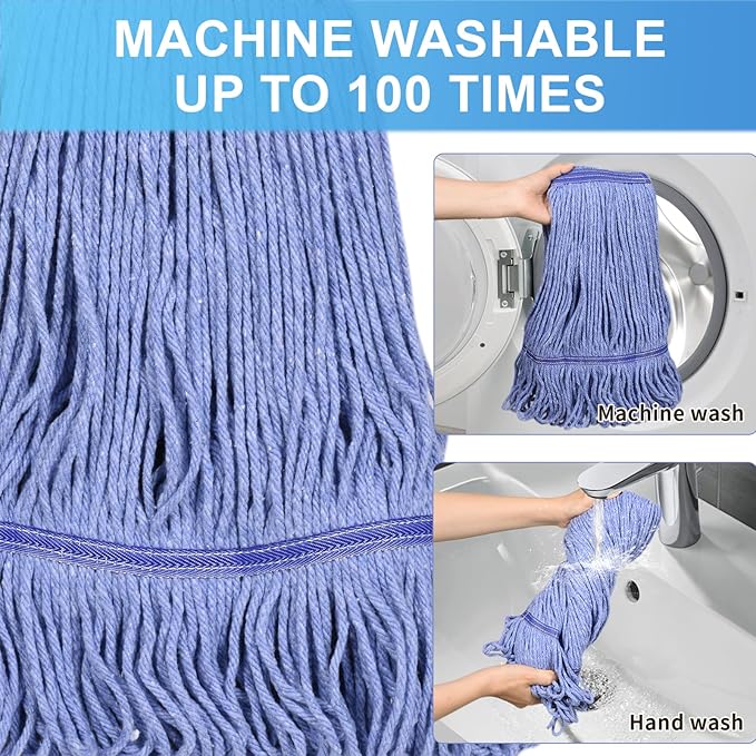 Commercial Mop with Extra Head Replacement, 63Inch Handle Heavy Duty Industrial Mop Looped-End String Wet Mops for Floor Cleaning for Warehouse, Workshop, Garage, Office, Home (2 Mops Head)